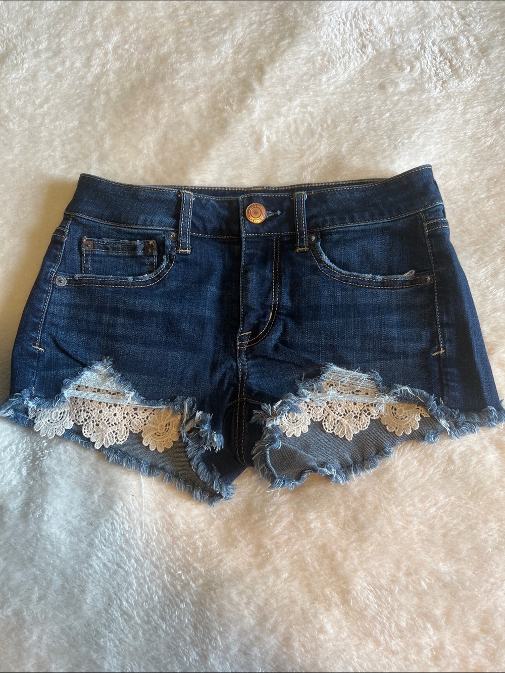 Denim Shorts Distressed Crochet Lace Underlay Dark Wash American Eagle Size 2